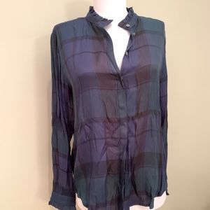 LOFT Plaid Ruffle Mandarin Collar Button Down
